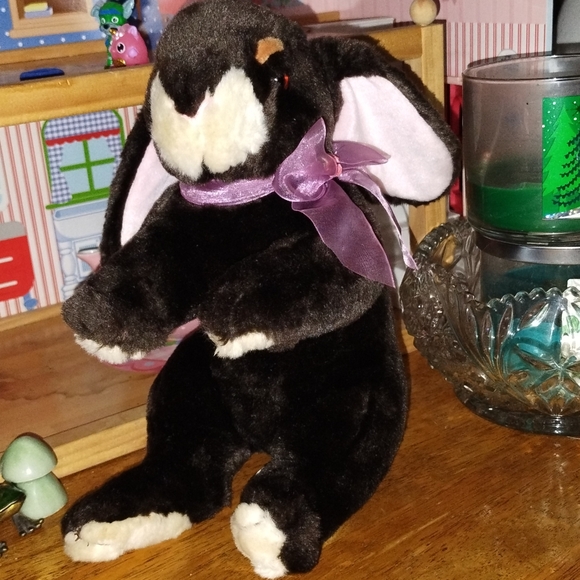 Common Wealth Dark Brown Bunny Rabbit with Lilac Rose Ribbon Bow Stuffed Animal - Picture 1 of 1